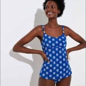 LOFT BEACH BLUE & WHITE CROSS BACK TANKINI HIGH CUT SWIMSUIT SET SIZE XL NWT